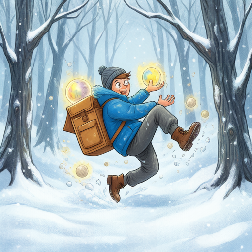 A clumsy winter courier dropping small glowing suns